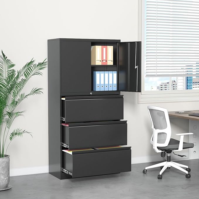 3 Drawer Lateral File Cabinet, Office Storage Cabinet with 3 Wide&Deep Drawers and Locking Doors, Black Metal Cabinet with Adjustable Shelves for Home Office, Fits A4/Letter/Legal Size Folders