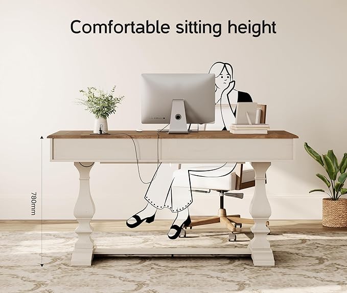 WAMPAT 60-inch Vintage Executive Desk with Charging Station, Featuring T-Style Solid Wood Legs with Anti-Slip Tips,3 Deep Drawers and Ergonomic Scalloped Edges,for Home Office,Study,Antique White