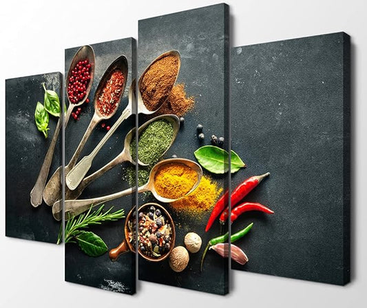 4 Modern Kitchen Canvas Wall Art - Spices Poster, Dining Room Wall Decor (48''W x 32''H)