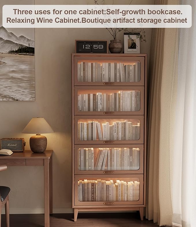 Solid Wood Book Case 5 Tier Bookcase with Tempered Clear Glass Flip-Up Doors Bookshelves Brown natural wood Bookshelf Versatile Pantry Cabinet with Storage Home Office (log color D14xW32xH72 inch)
