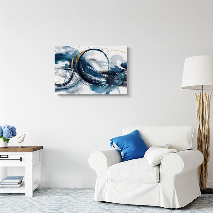 gaosoul Modern Abstract Canvas Wall Art Dynamic Blue Gold Lines Doodled on White Background Paintings Framed Minimalism Artwork Prints for Living Room Bedroom Office Decor 30x20in