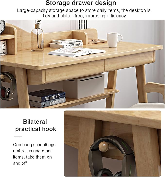 SAZDFY Solid Wood Writing Desk with Drawer and Shelves,Home Office Desk Workstation with Hooks, Modern Work Writing Desk PC Study Table for Small Spaces(120x60x75cm(47x24x30inch), Walnut)