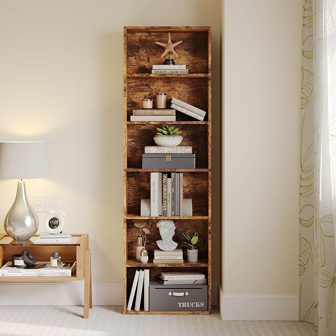 MXV Bookshelf, 6-Tier Open Bookcase, Storage Shelves, Display Storage Shelves, Floor Standing Unit, Home Decor, Furniture for Home Office, Living Room, Bedroom, Brown