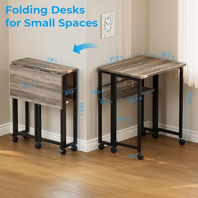 GreenForest Folding Desk Small Rolling Desk with Storage Shelf,31.5 inch Foldable Computer Desk with Wheels for Small Space,Easy Assembly,Grey Wash