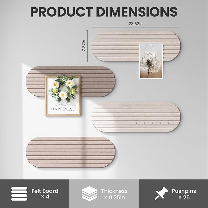 Bulletin Board, 24'' X 8'' Cork Board Alternative, 4 Pack Felt Bar Strips Board with Pushpins, Foldable Felt Notice Vision Board Photo Display Board for Office Home School Wall