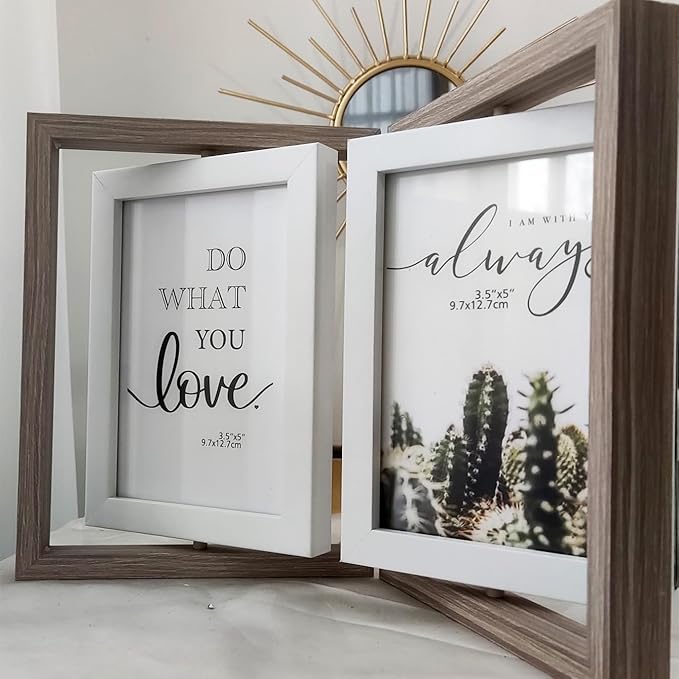 Wooden Hinged Double floating rotating Picture Frame for Photos, 4 * 6 5 * 7 vertical photo Natural Finish (grey color, 4 * 6in)