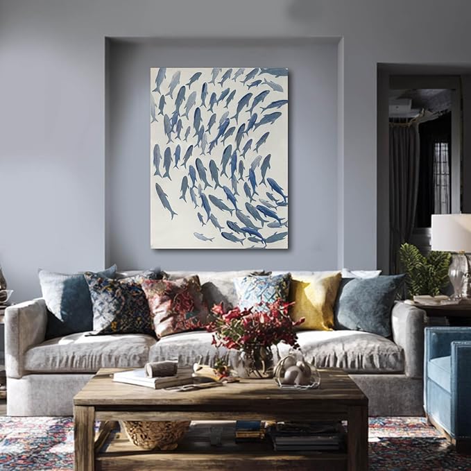 CHUDANHAO Blue and White Wall Decor Animal Decorative Paintings Fish Canvas Wall Art 30"x40" Office Decorations Artwork for Bedroom