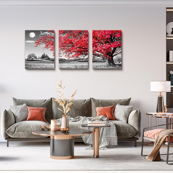canvas wall art for living room family bedroom Wall Decor Black and white red tree moon landscape painting Ready to Hang for room Decorations Works office Decor Prints pictures 12" x 16"3 Pieces