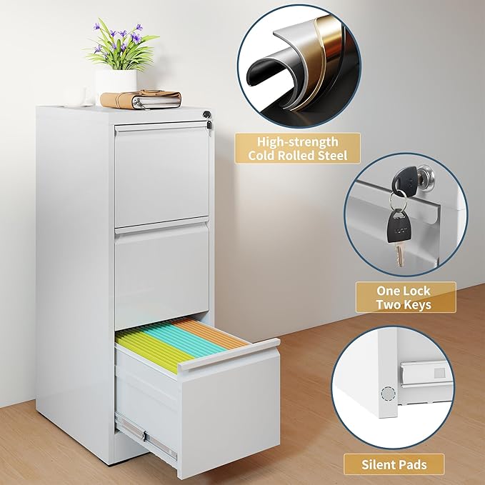 3 Drawer File Cabinet with Lock, Vertical Filing Cabinets for Home Office, Metal Storage Cabinets, Heavy Duty File Cabinet for Letter/Legal/A4/F4 Size Amsseble Required, White