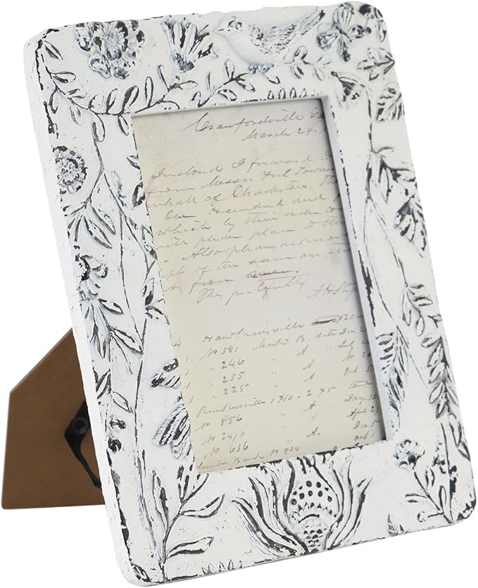 NIKKY HOME Farmhouse 5x7 Picture Frame Boho Photo Frame with 3D Botanical Leaf and Bird Textured and Rustic Whitewashed Finish, Hand-Crafted Resin Picture Frames with HD Glass for Tabletop Display