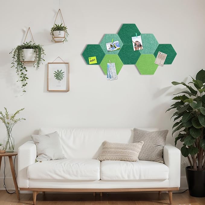 8 Pcs 12" Large Hexagon Felt Cork Bulletin Board Tiles Self Adhesive DIY Pin Board with 50 Push Pins and 10 Colored Clips, Wall Decor for Office Home Kitchen Photos Memos(Green)