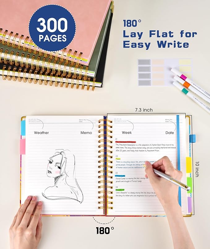 Hardcover Spiral Notebook Journal with Removable Dividers Tabs, 300 Pages 5 Subject Notebook College Ruled, 100GMS Notebooks for Work School Note Taking,Lined Journal for Women,Colorful Feather