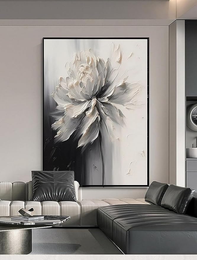 Hand Painted White And Black Flower Canvas Wall Art for Living Room,Large Framed Floral Oil Painting for Bedroom, Modern 3D Floral Artwork Wall Decor for Office Home Decor 28" x 40"