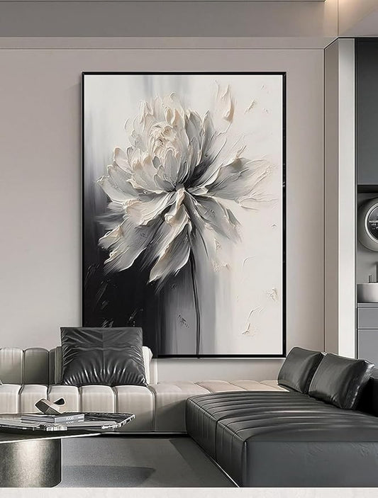 Hand Painted White And Black Flower Canvas Wall Art for Living Room,Large Framed Floral Oil Painting for Bedroom, Modern 3D Floral Artwork Wall Decor for Office Home Decor 28" x 40"
