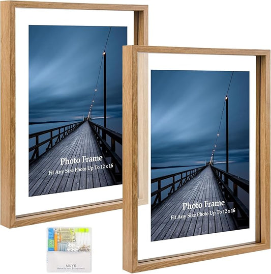 MUYE 12x16 Floating picture Frames Set of 2,Double Glass Frame,Display Any Size Photo up to 12x16,Wall Mount or Tabletop Standing,Natural