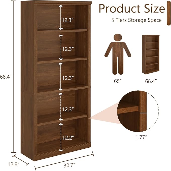 5-Tier Bookshelf Basic Book Case, Wooden Storage Shelves Rustic Bookshelf, D:12.8" x W: 30.7" x H: 68.4", Sturdy Display Cabinet for Living Room, Library, Office, Bedroom, Classic Oak