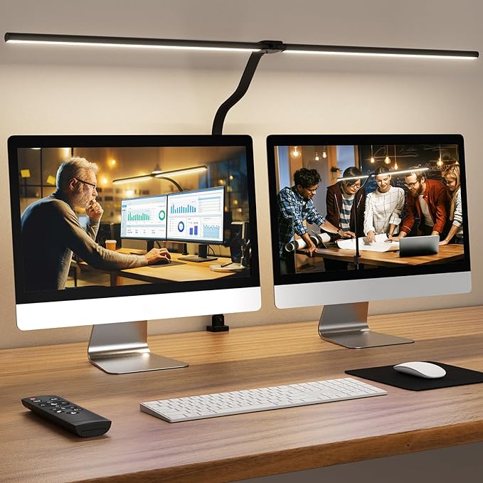 LED Desk Lamp for Home Office, 24W Computer Desk Light with Remote Control, Bright Table Lamp with Clamp Dimmable Tall Desktop Lighting with Bendable Gooseneck, Double Head, Black