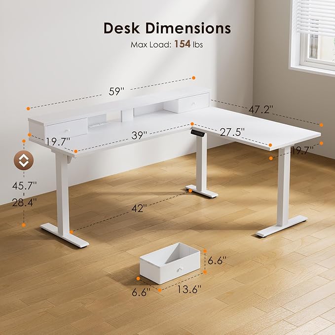 Casaottima 59 Inch Electric L-Shaped Standing Desk with Drawers, Height Adjustable Stand Up Corner Desk with Monitor Stand, Lift Table for Home, Office, Workstation, White