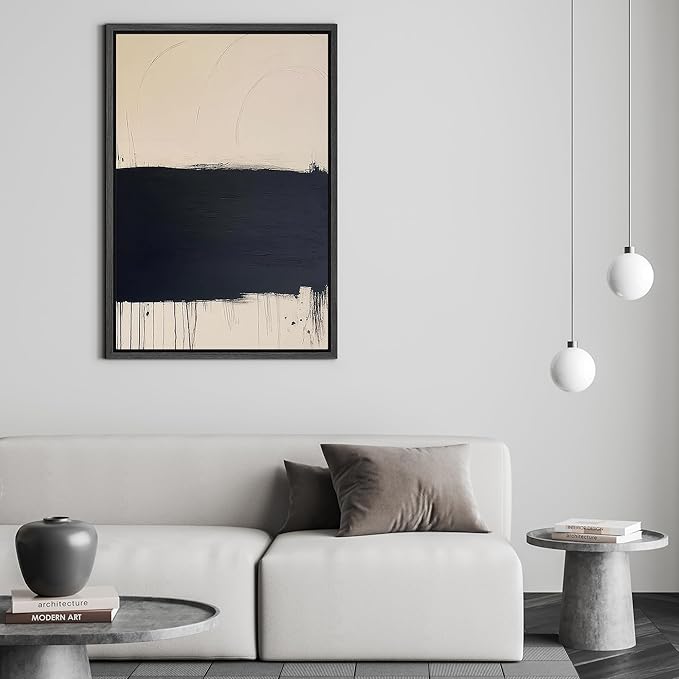 SIGNFORD Framed Canvas Print Wall Art Minimalist Navy and Beige Abstract Contemporary Illustrations Modern Art Decorative Relax/Calm for Living Room, Bedroom, Office - 24"x36" Black