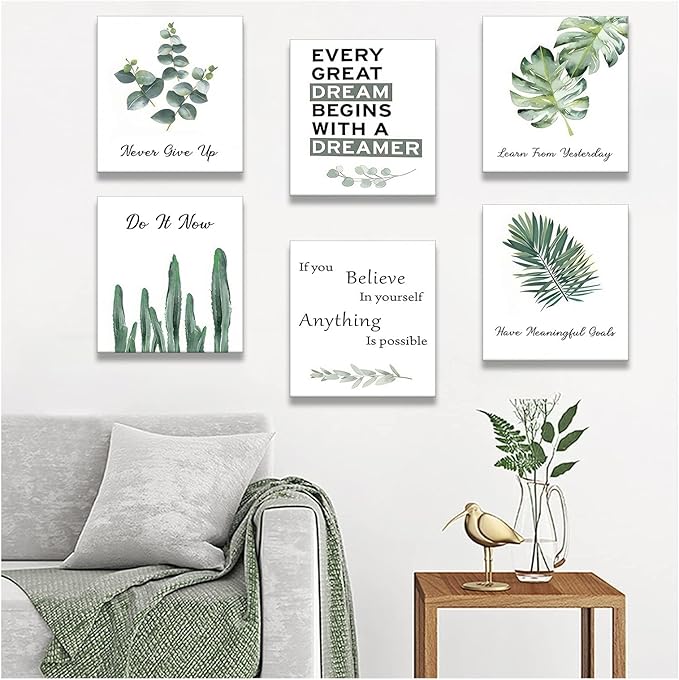 6 pcs Office Inspirational Botanical Canvas Wall Art Eucalyptus Leaves Sage Motivational Quotes Painting Picture Wall Decor Never Give Up Poster Print Artwork For Classroom Bedroom Home Decoration