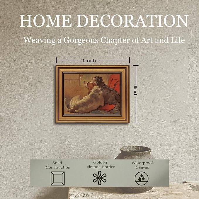 Gold Framed Wall Art Vintage Canvas Wall Art Hound and Bearded Collie Seated on a Hunting Coat Artwork Prints Picture for Living Room Bedroom Farmhouse Bathroom Office Decor, 8x10