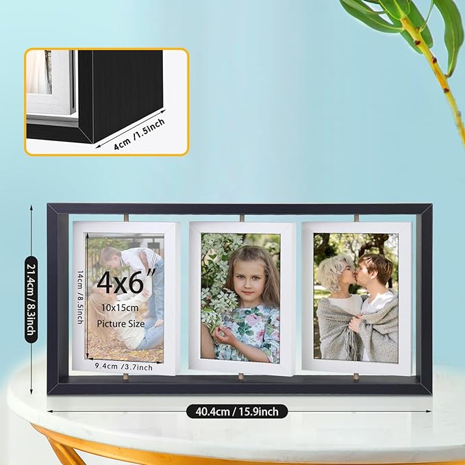 ZEEYUAN 4x6 Desk Picture Frame Rotating Double-Sided Picture Frame, 4x6 Tabletop Wooden Collage Family Pictures Frame for Office Desktop Home Decor, Holds 6 Photos, Black