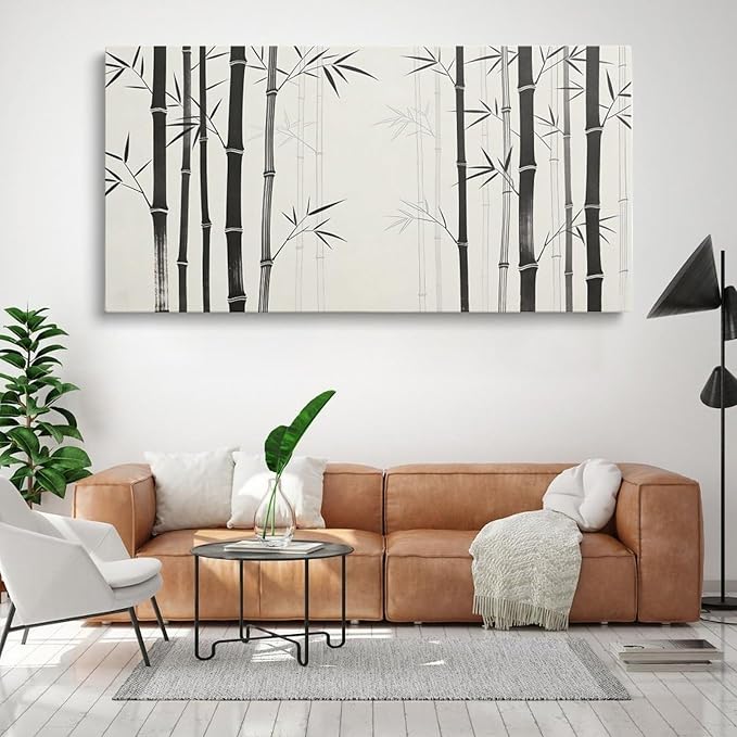 Black White Bamboo Framed Canvas Wall Art for Bedroom, Botanical Wall Decor 40" L x 20" W