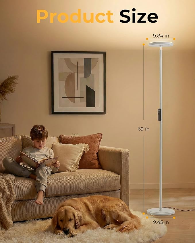 LED Floor Lamps, 2800Lm Standing Lamp Remote & Foot Switch with 1H Timer, 2700-6500K Stepless Dimmable Modern Pole Light for Bedroom, Office, Reading, White