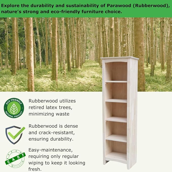 International Concepts Narrow Shaker Bookcase, 60-Inch High, Solid Parawood, Unfinished