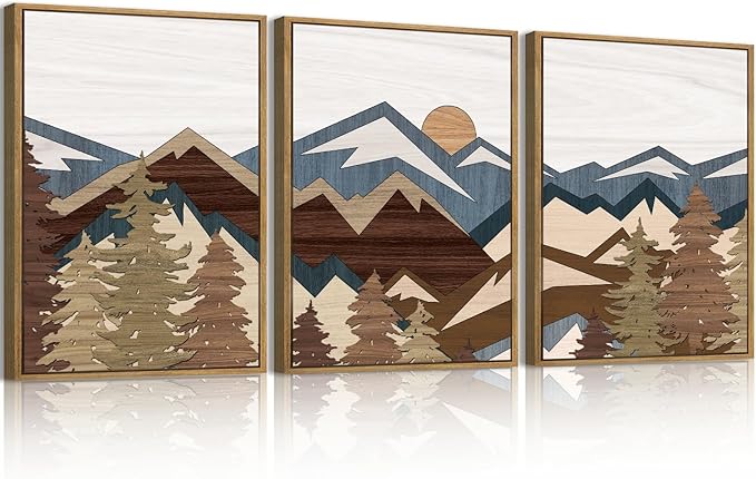 BINCUE Framed Boho Mountain Wall Art,Boho Landscape Canvas Wall Decor Beige,Large Mountain Artwork Woodcut,Abstract Sun Forest Nature Art Prints for Office Living Room Bedroom Home 12"Lx16"W Set of 3
