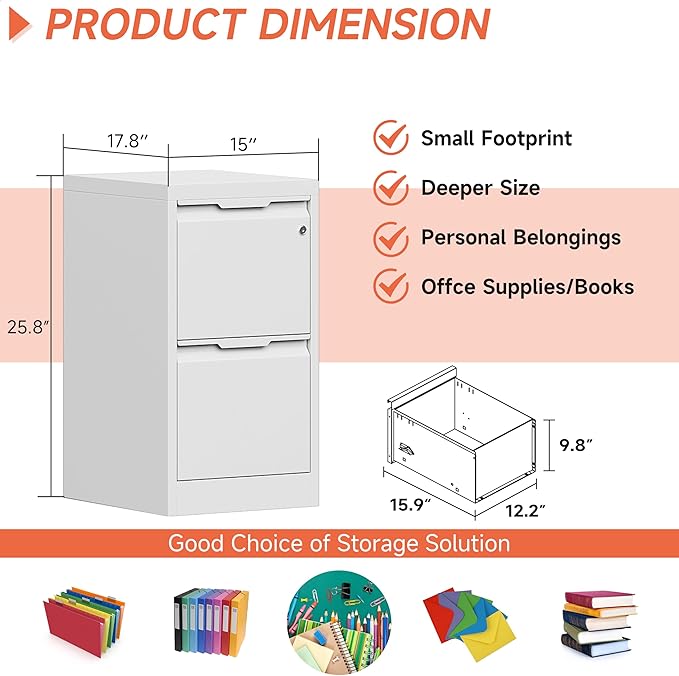 2 Drawer File Cabinet,Metal Vertical File Storage Cabinet with Lock, Printer Stand,Home Office Steel for A4 Letter/Legal Size, Assembly Required(White)
