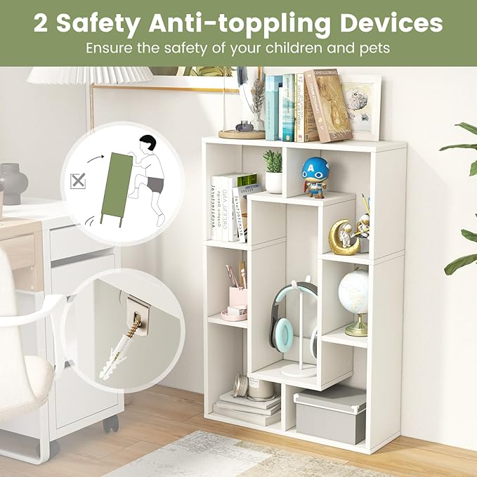 Tangkula 35.5” Geometric Bookshelf, Freestanding Wood Open Bookcase with 7 Cubes, Anti-Toppling Devices, Home Office Décor Rectangular Storage Shelf Display Rack for Study Living Room (1, White)