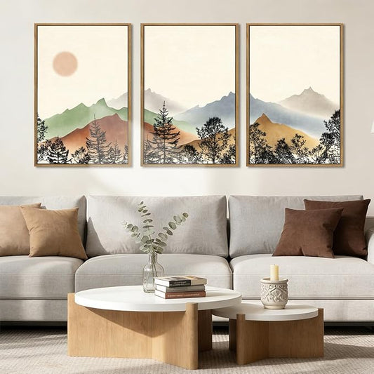 BINCUE Boho Mountain Wall Art Framed Mountain Wall Decor Sun Forest Artwork for Living Room Bedroom Office 16x24 Inches Set of 3