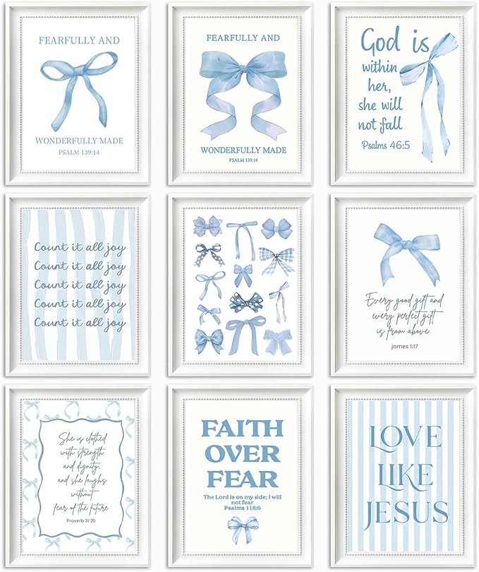 Blue Bows Jesus Bible Canvas Wall Art Set of 9, Coquette Trendy Preppy Aesthetic Girl Posters Prints Wall Decor, Christian scripture Lovers Gifts for Home Decor Living Room Bedroom 8x10In Unframed