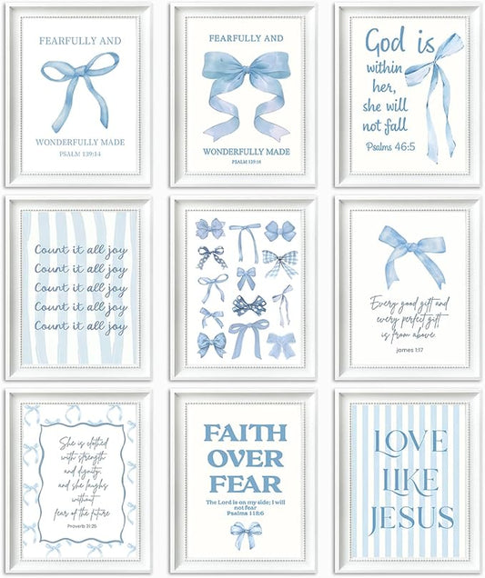 Blue Bows Jesus Bible Canvas Wall Art Set of 9, Coquette Trendy Preppy Aesthetic Girl Posters Prints Wall Decor, Christian scripture Lovers Gifts for Home Decor Living Room Bedroom 8x10In Unframed