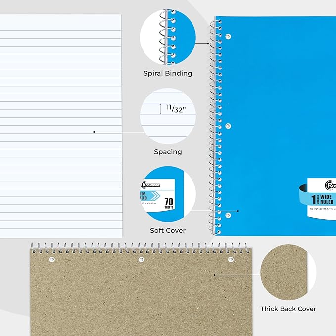 Rosmonde 1 Subject Notebook Wide Ruled, 6 Pack, 70 Sheets (140 Pages), 8 x 10-1/2, 3 Hole Punched Notebooks, Thick No-Bleed Paper, Sturdy Back, Wide Ruled Notebook for School & Office, Assorted Colors