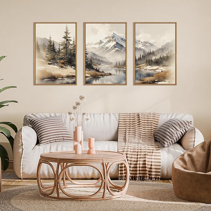Ausril Watercolor Misty Mountain Framed Canvas Wall Art Set, Foggy Pine Tree Wall Decor, Winter Landscape Wall Painting, Nature Snowy Scene Art Print for Living Room, Bedroom, Office - 24"X36"X3