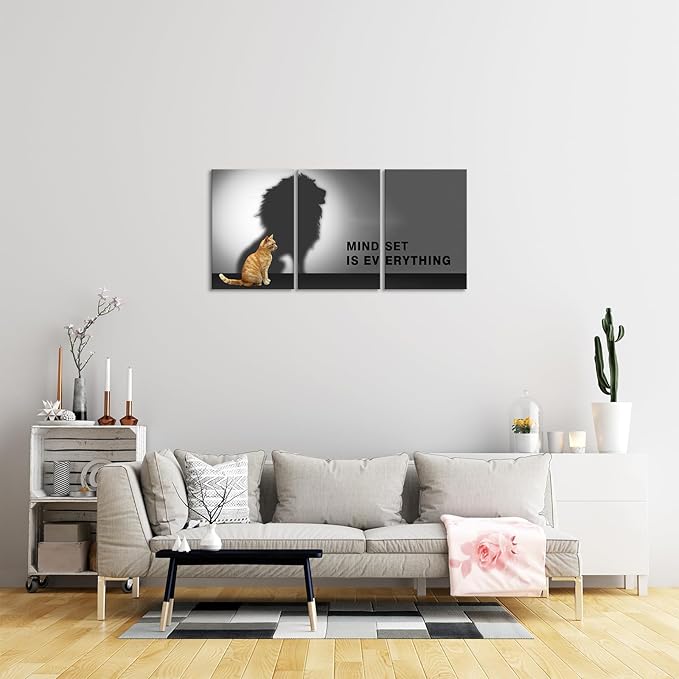 Mindset is Everything Wall Art Lion Cat Motivational Wall Decor for Office Pictures Posters Framed Inspirational Canvas Wall Art Prints Painting Artwork Decor Ready to Hang in Living Room Bedroom