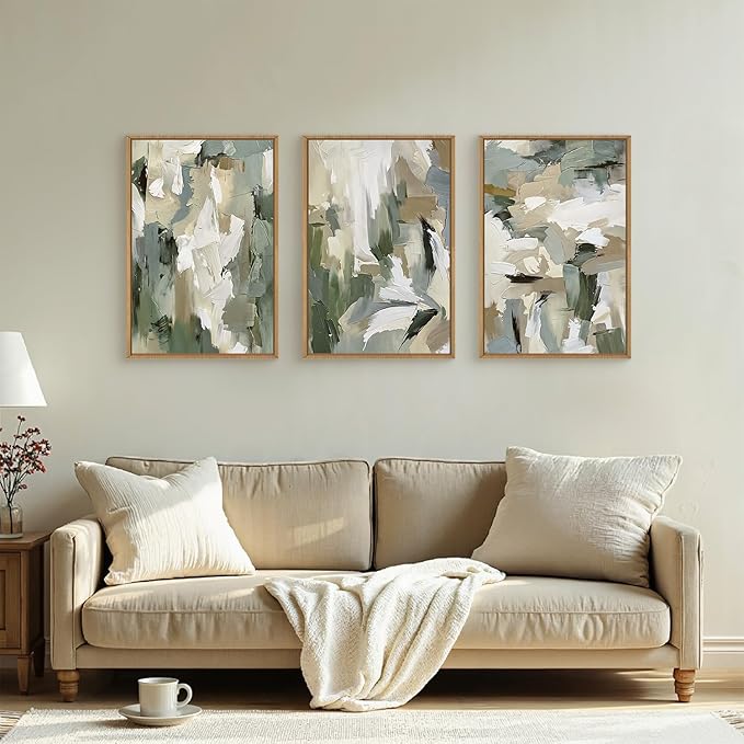 Large Abstract Green Beige Framed Canvas Wall Art Set,Neutral Brush Stroke Watercolor Wall Painting,Modern Minimalist Artwork for Living Room,Bedroom,Dining Room,Office -16"x24"x3