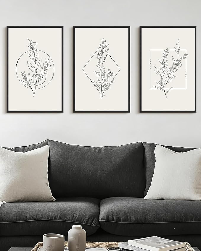Drsoum Minimalist Flower Wall Art Vintage Wall Hanging Decor Black Line Botanical Prints Artwork for Bedroom Living Room Hallway 16x24in Black Framed