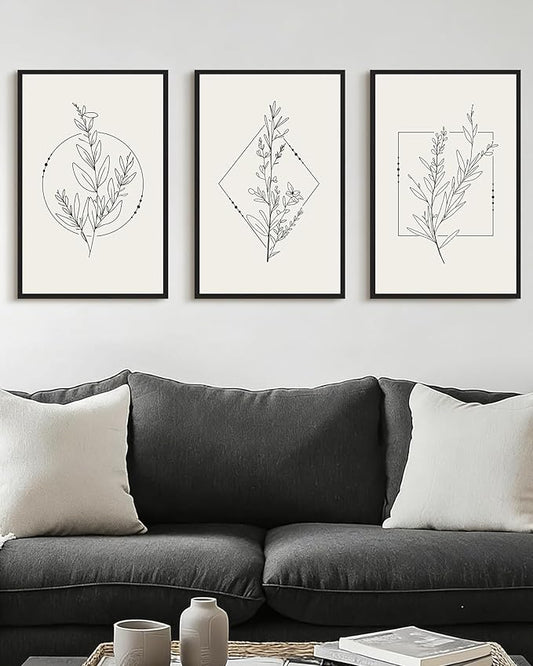 Drsoum Minimalist Flower Wall Art Vintage Wall Hanging Decor Black Line Botanical Prints Artwork for Bedroom Living Room Hallway 16x24in Black Framed