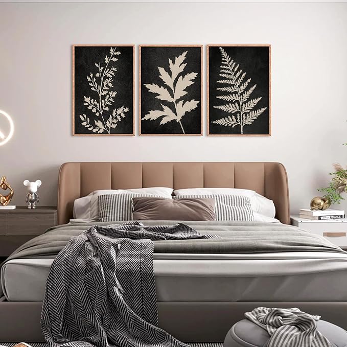Ausril Black Tan Fern Leaf Framed Canvas Wall Art Set, Minimalist Botanical Wall Decor, Nature Fern Plant Silhouette Wall Painting, Modern Art Print for Living Room, Bedroom, Office 16"x24"x3