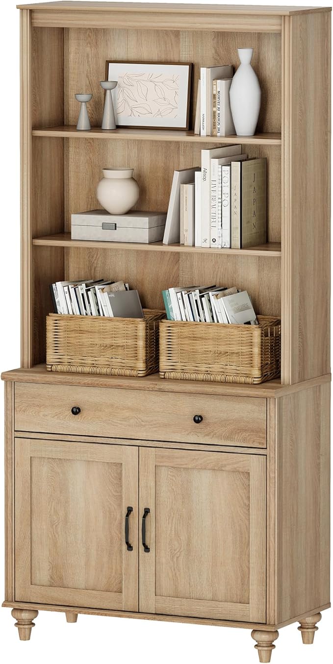 WAMPAT 5 Tier Bookshelf 72" Tall Bookcase with Barn Doors, Large Farmhouse Display Book Shelf with Wood Doors and Storage Cabinet，Library Wooden Bookshelves for Living Room, Office, Kitchen, Oak