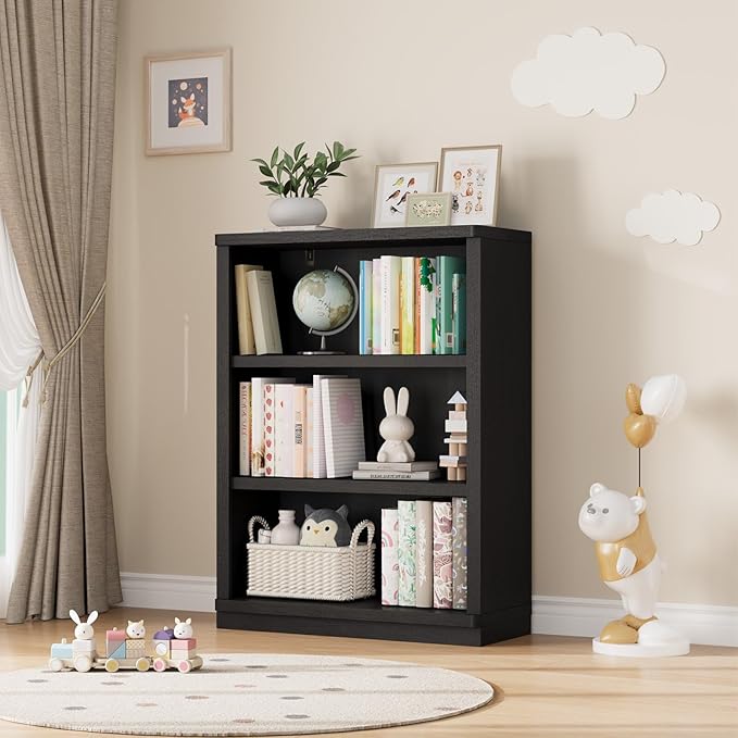 Rresyet 3 -Tier Bookcase, 42" Tall Book Shelf, 31” Wide Bookshelves, Wooden Bookcase Display Storage for Home Office, Living Room and Study Room (Black)