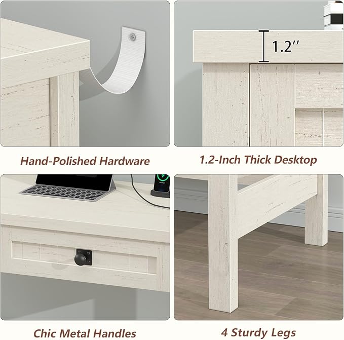 Farmhouse Computer Desk with 2 Drawers, 39 Inch Small Office Computer Desk with Power Outlets, Compact Writing Study Vanity Desk for Small Spaces, White