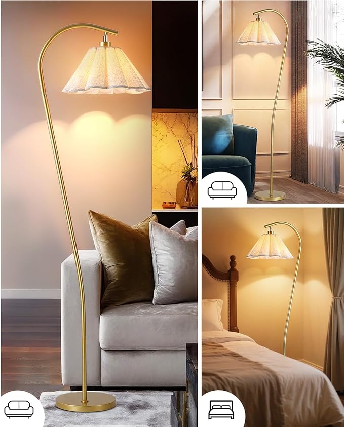 Floor Lamp with Pleated Linen Lampshade, Modern Flower Floor Lamp for Living Room Arc Standing Lamp, Gold Tall Lamp for Bedroom Office Dining Room, Bulb Included (Gold + Flax Color, 66.1IN)