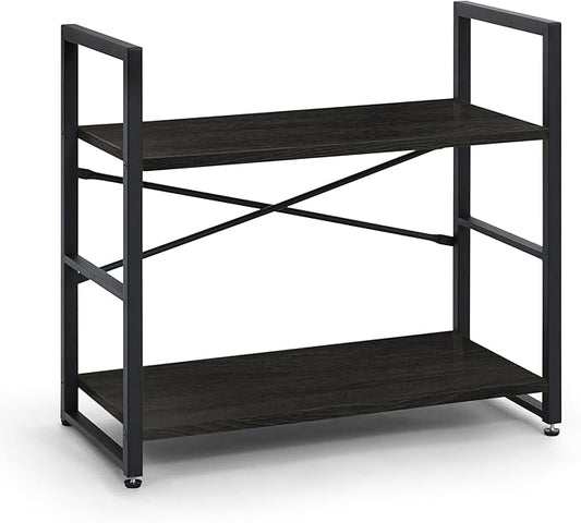 CAPHAUS 2 Tier Small Bookshelf, Bookcase Shelf Storage Organizer for Living Room, 24 Inch Width Free Standing Shelf, Industrial Book Shelves for Home Office, Black Vintage Shelves & Metal Frame