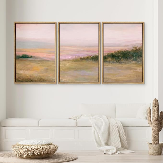 SIGNWIN Framed Canvas Print Wall Art Set Blush Sunset Over Meadow Illustrations Decorative Relax/Calm Zen for Living Room, Bedroom, Office - 24"x36"x3 NATURAL