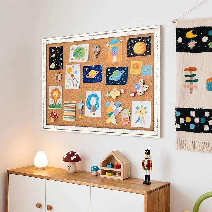 Cork Board Bulletin Board, 36" x 24" Corkboard for Wall, Rustic White Wooden Frame, Hanging Pin Board for Home & Office Decor, 10 Push Pins