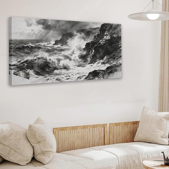 Black White Ocean Wave Framed Canvas Wall Art for Living Room, Coastal Decor 24" L x 12" W